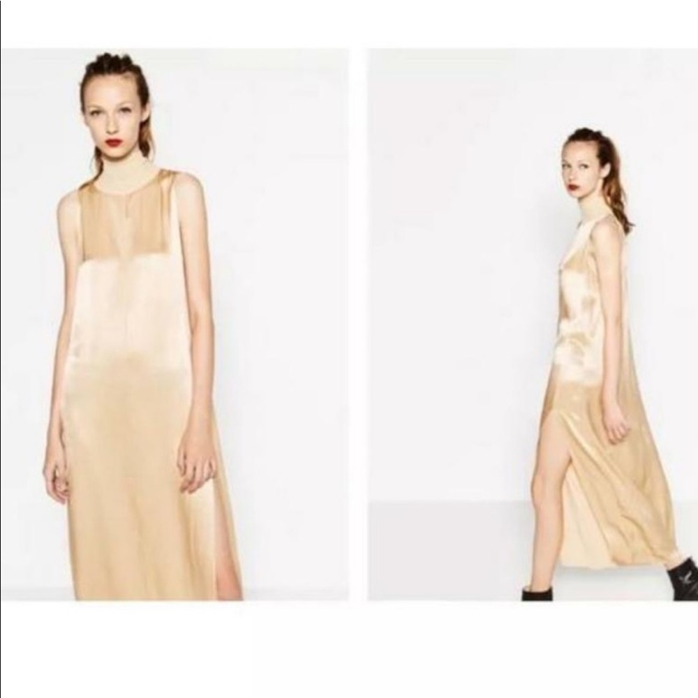Zara satin nude column dress with slit
